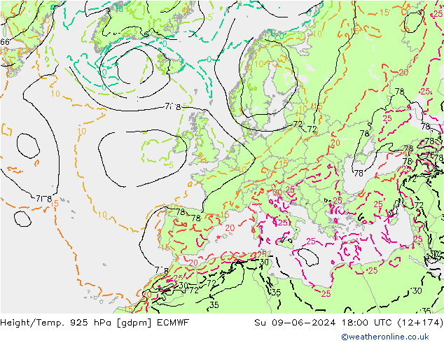 Height/Temp. 925 гПа ECMWF Вс 09.06.2024 18 UTC