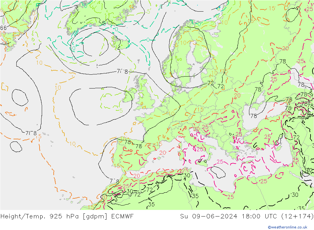 Geop./Temp. 925 hPa ECMWF dom 09.06.2024 18 UTC