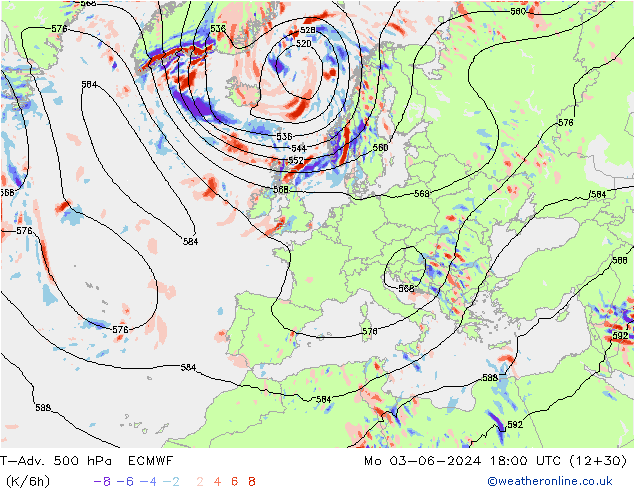 T-Adv. 500 гПа ECMWF пн 03.06.2024 18 UTC