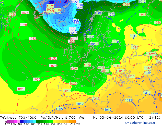 Thck 700-1000 hPa ECMWF lun 03.06.2024 00 UTC