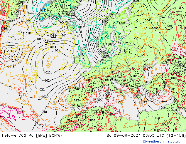 Theta-e 700hPa ECMWF zo 09.06.2024 00 UTC