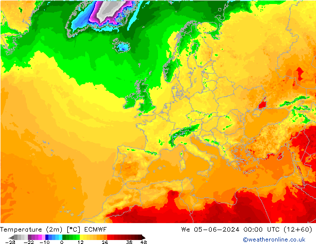 Temperatuurkaart (2m) ECMWF wo 05.06.2024 00 UTC