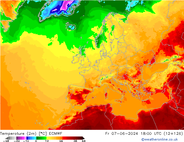 Temperatura (2m) ECMWF vie 07.06.2024 18 UTC
