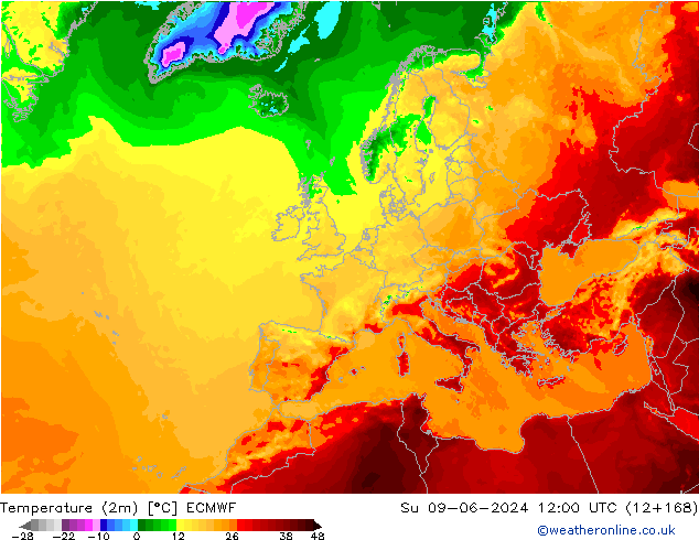 Sıcaklık Haritası (2m) ECMWF Paz 09.06.2024 12 UTC