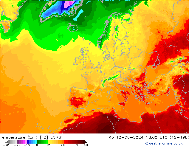 Temperatuurkaart (2m) ECMWF ma 10.06.2024 18 UTC