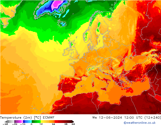 Temperatuurkaart (2m) ECMWF wo 12.06.2024 12 UTC