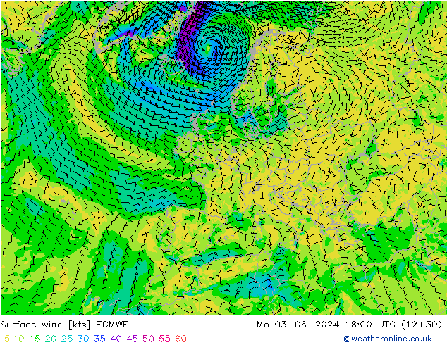 Surface wind ECMWF Mo 03.06.2024 18 UTC