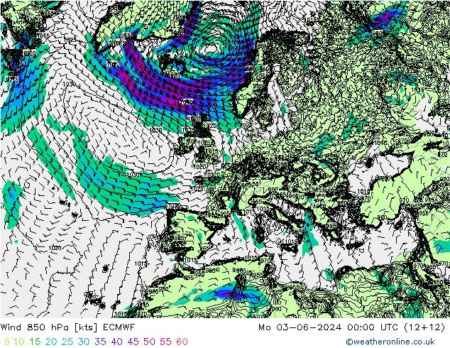Wind 850 hPa ECMWF Po 03.06.2024 00 UTC