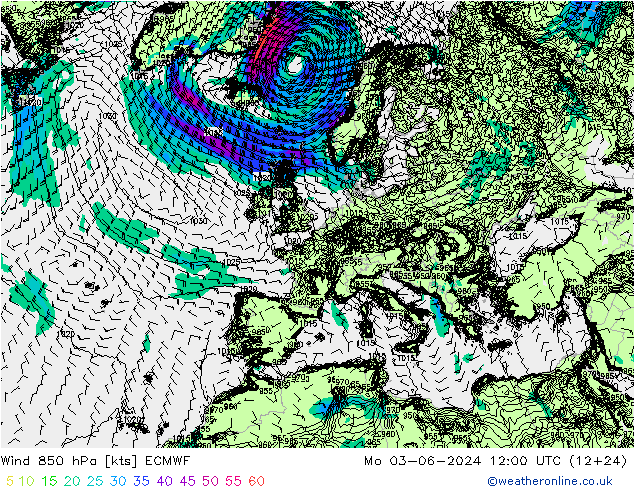 Wind 850 hPa ECMWF Mo 03.06.2024 12 UTC