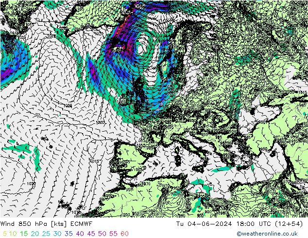 Wind 850 hPa ECMWF Út 04.06.2024 18 UTC
