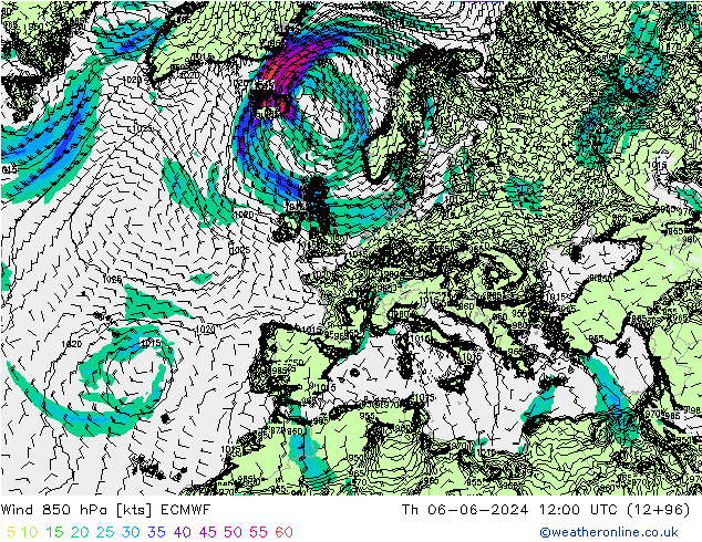wiatr 850 hPa ECMWF czw. 06.06.2024 12 UTC