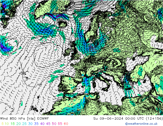 Wind 850 hPa ECMWF Su 09.06.2024 00 UTC