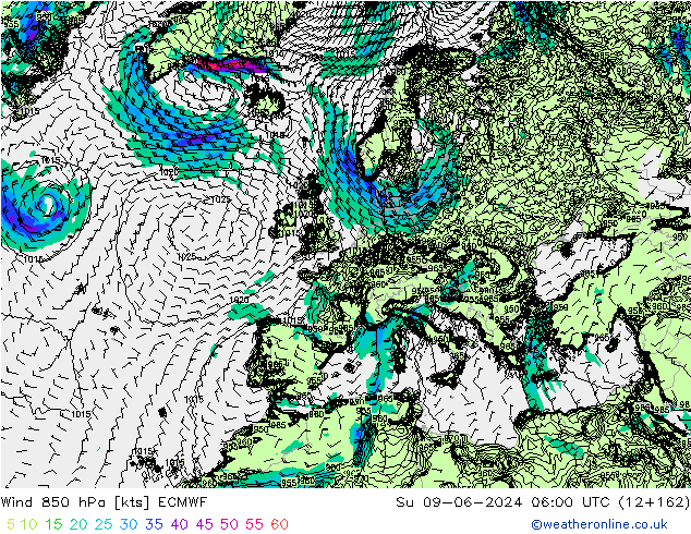 Wind 850 hPa ECMWF Su 09.06.2024 06 UTC