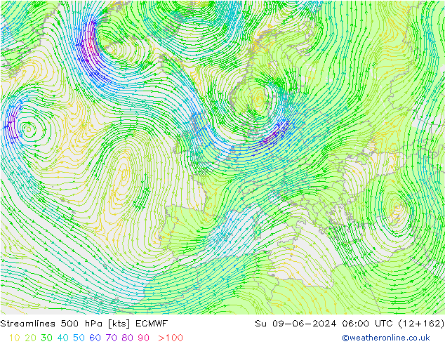 Linia prądu 500 hPa ECMWF nie. 09.06.2024 06 UTC