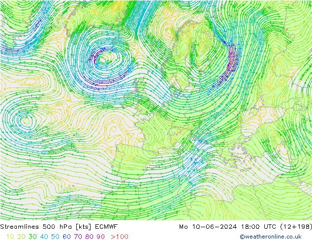 Stromlinien 500 hPa ECMWF Mo 10.06.2024 18 UTC