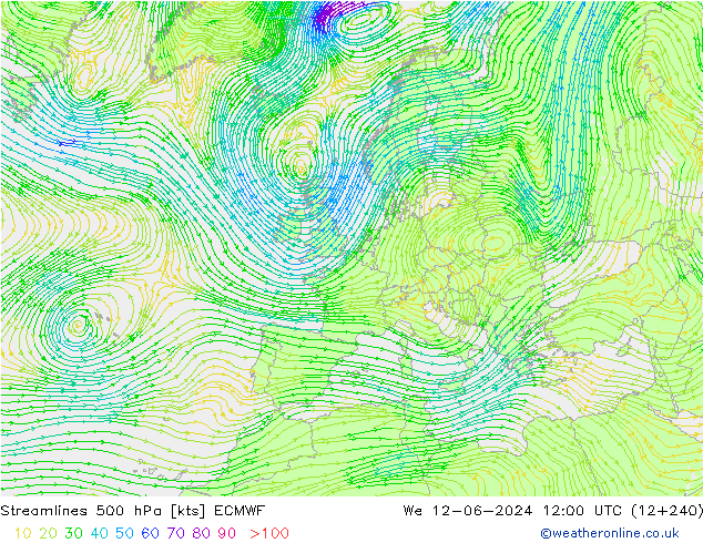 Linea di flusso 500 hPa ECMWF mer 12.06.2024 12 UTC