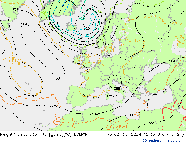 Z500/Rain (+SLP)/Z850 ECMWF 星期一 03.06.2024 12 UTC