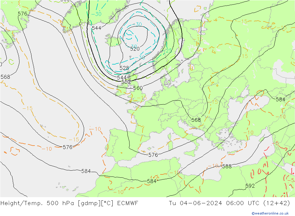 Z500/Rain (+SLP)/Z850 ECMWF Út 04.06.2024 06 UTC