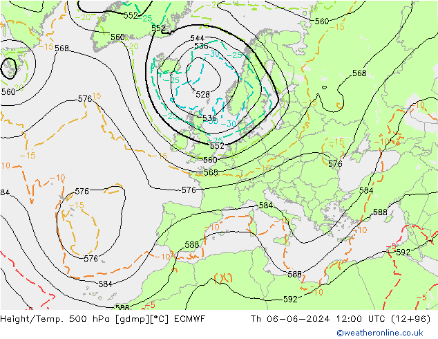 Z500/Rain (+SLP)/Z850 ECMWF чт 06.06.2024 12 UTC