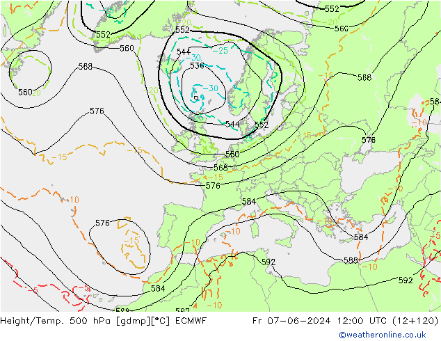 Z500/Rain (+SLP)/Z850 ECMWF vie 07.06.2024 12 UTC