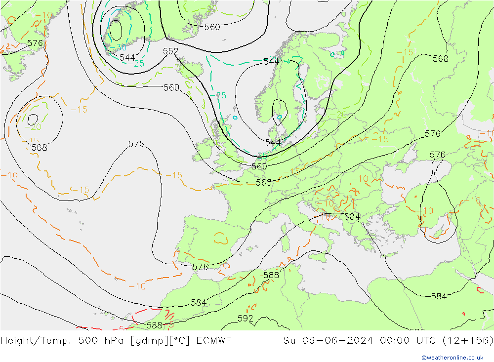 Hoogte/Temp. 500 hPa ECMWF zo 09.06.2024 00 UTC