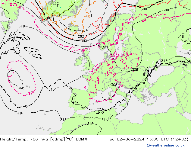 Height/Temp. 700 hPa ECMWF So 02.06.2024 15 UTC