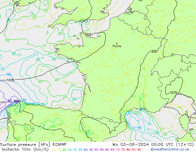 Isotachen (km/h) ECMWF Mo 03.06.2024 00 UTC