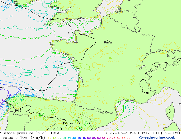 Isotachs (kph) ECMWF  07.06.2024 00 UTC