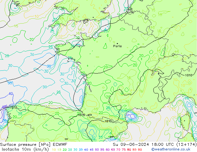 Isotachs (kph) ECMWF Dom 09.06.2024 18 UTC