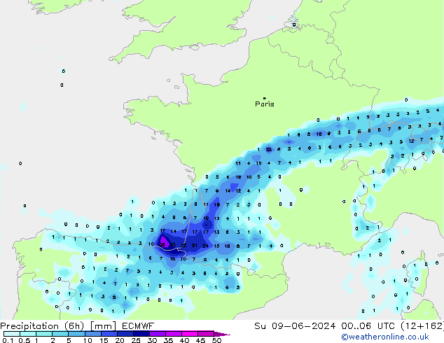 Precipitazione (6h) ECMWF dom 09.06.2024 06 UTC