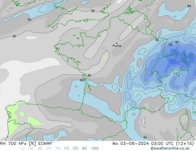 Humidité rel. 700 hPa ECMWF lun 03.06.2024 03 UTC
