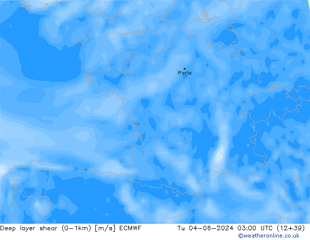 Deep layer shear (0-1km) ECMWF вт 04.06.2024 03 UTC