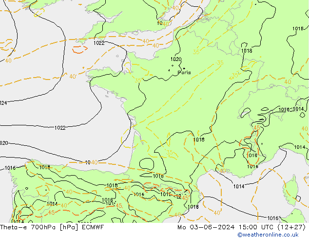 Theta-e 700hPa ECMWF pon. 03.06.2024 15 UTC
