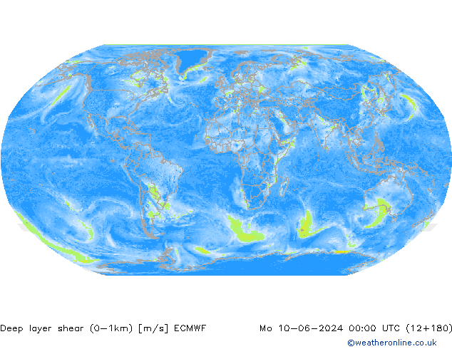 Deep layer shear (0-1km) ECMWF lun 10.06.2024 00 UTC