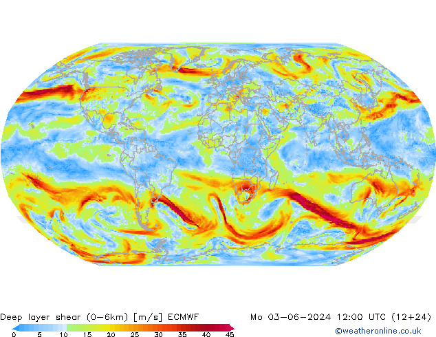 Deep layer shear (0-6km) ECMWF 星期一 03.06.2024 12 UTC