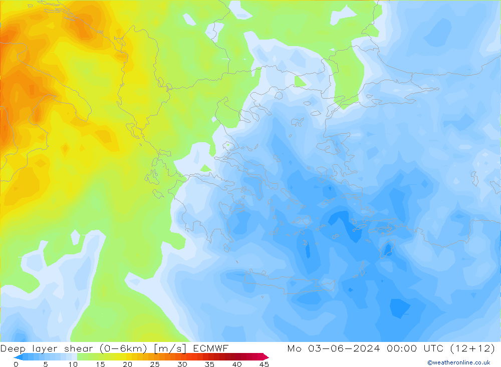 Deep layer shear (0-6km) ECMWF Pzt 03.06.2024 00 UTC