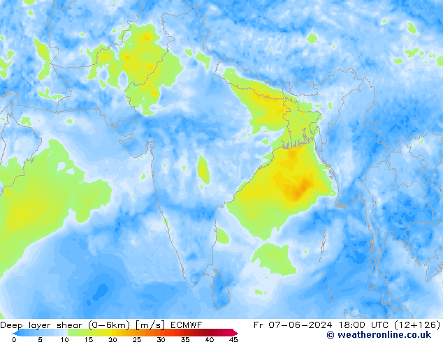 Deep layer shear (0-6km) ECMWF Fr 07.06.2024 18 UTC