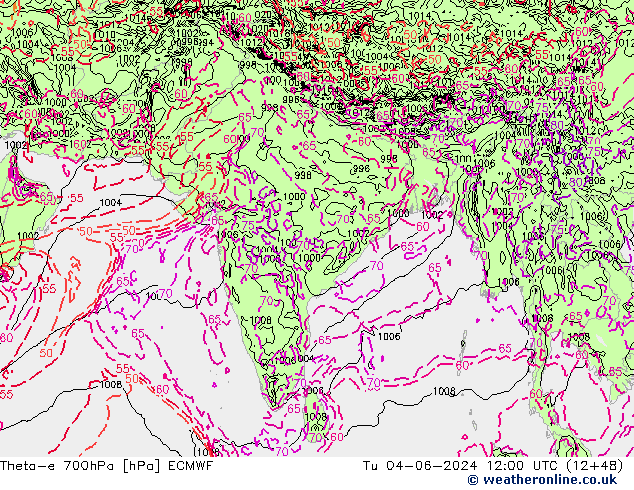 Theta-e 700hPa ECMWF Tu 04.06.2024 12 UTC