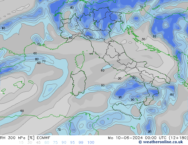 RH 300 hPa ECMWF Seg 10.06.2024 00 UTC