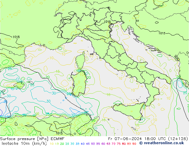 Isotachs (kph) ECMWF ven 07.06.2024 18 UTC