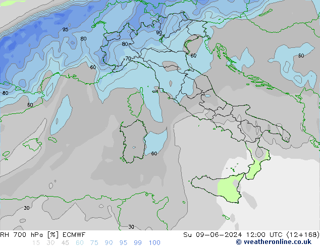 RH 700 гПа ECMWF Вс 09.06.2024 12 UTC