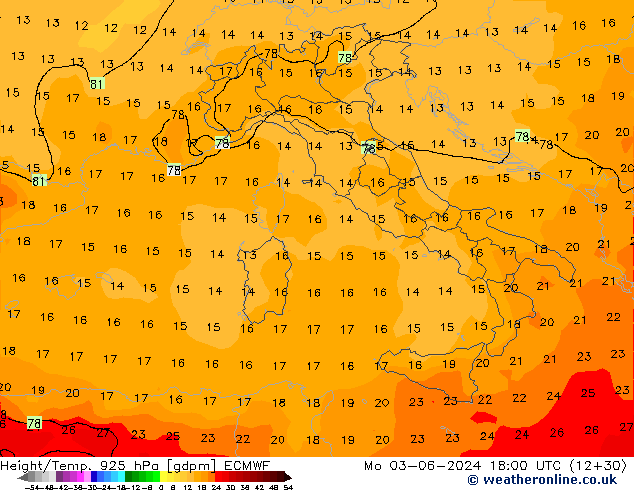 Yükseklik/Sıc. 925 hPa ECMWF Pzt 03.06.2024 18 UTC