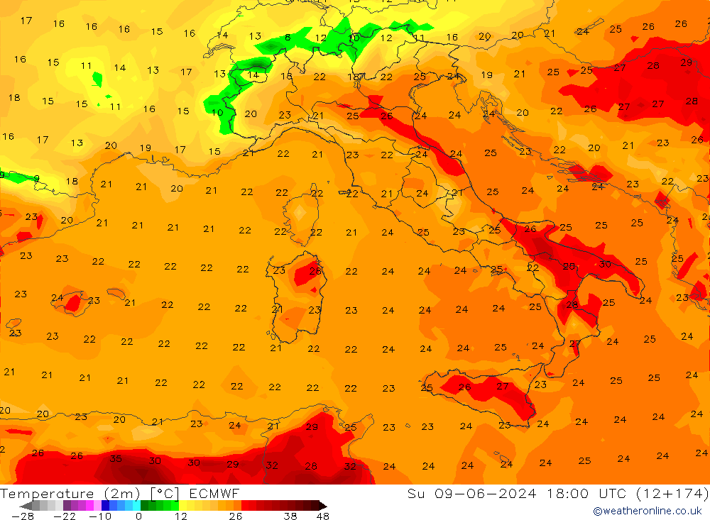 température (2m) ECMWF dim 09.06.2024 18 UTC