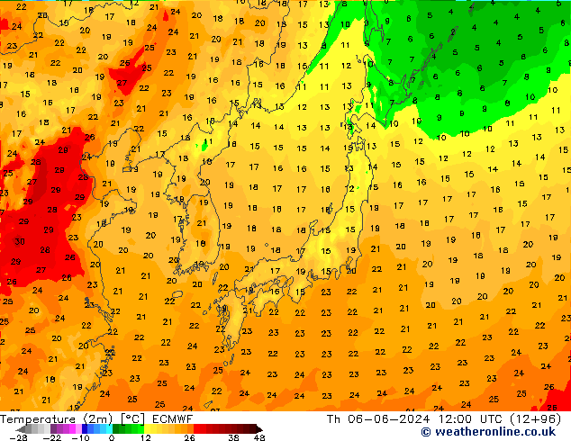 Temperatura (2m) ECMWF Qui 06.06.2024 12 UTC