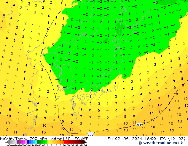 Géop./Temp. 700 hPa ECMWF dim 02.06.2024 15 UTC