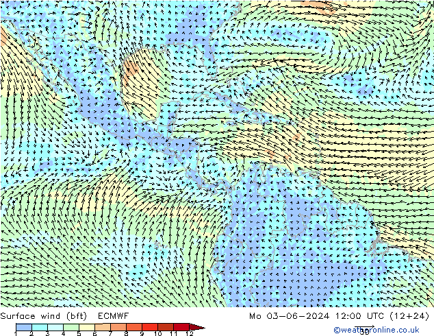wiatr 10 m (bft) ECMWF pon. 03.06.2024 12 UTC