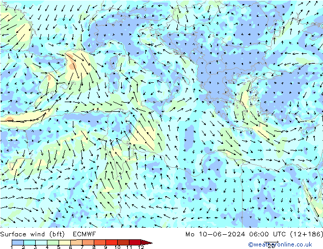 Surface wind (bft) ECMWF Mo 10.06.2024 06 UTC
