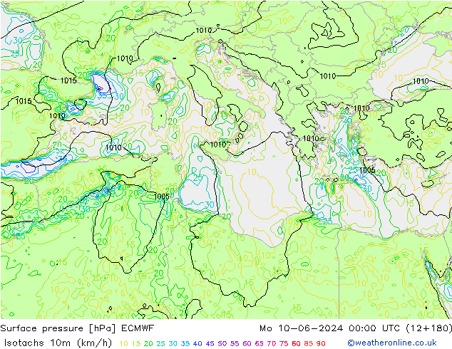 Isotachs (kph) ECMWF пн 10.06.2024 00 UTC