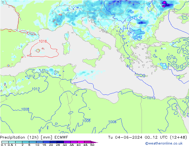 Precipitation (12h) ECMWF Tu 04.06.2024 12 UTC