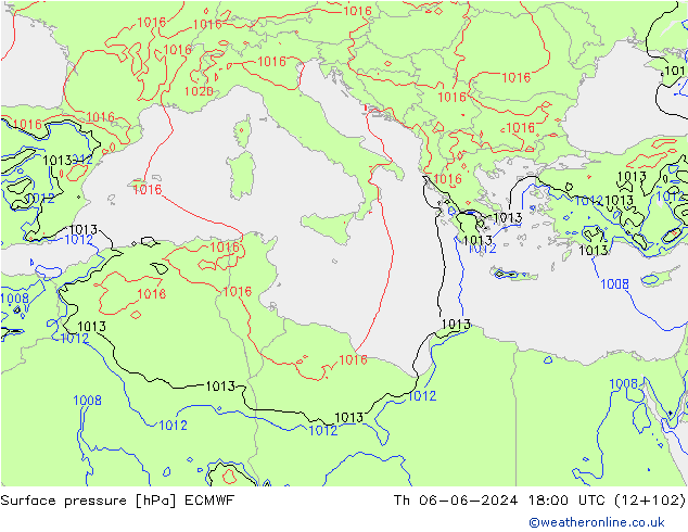 Presión superficial ECMWF jue 06.06.2024 18 UTC